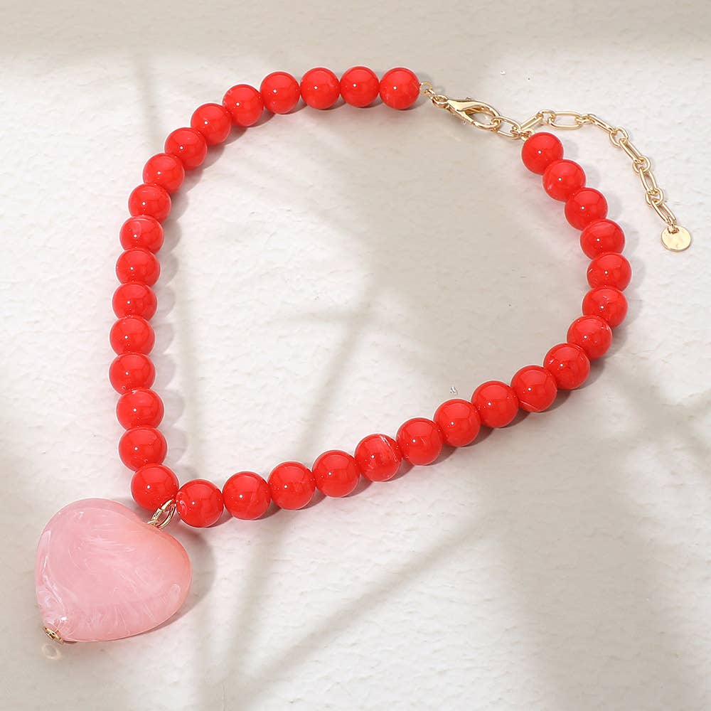 Sensibling Corp. - Chunky Marbled Resin Heart Charm Beaded Necklace