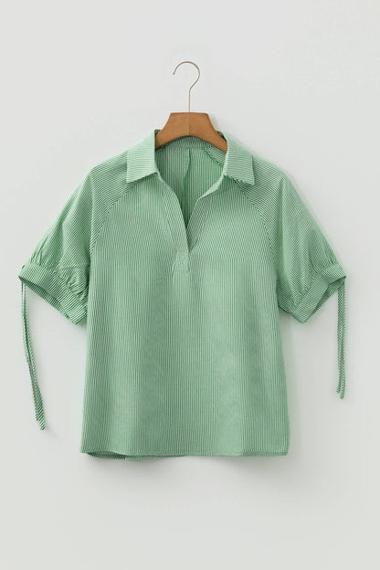 66DISCO - Striped Print Collared Split Neck Half Sleeve Blouse (S-4X)