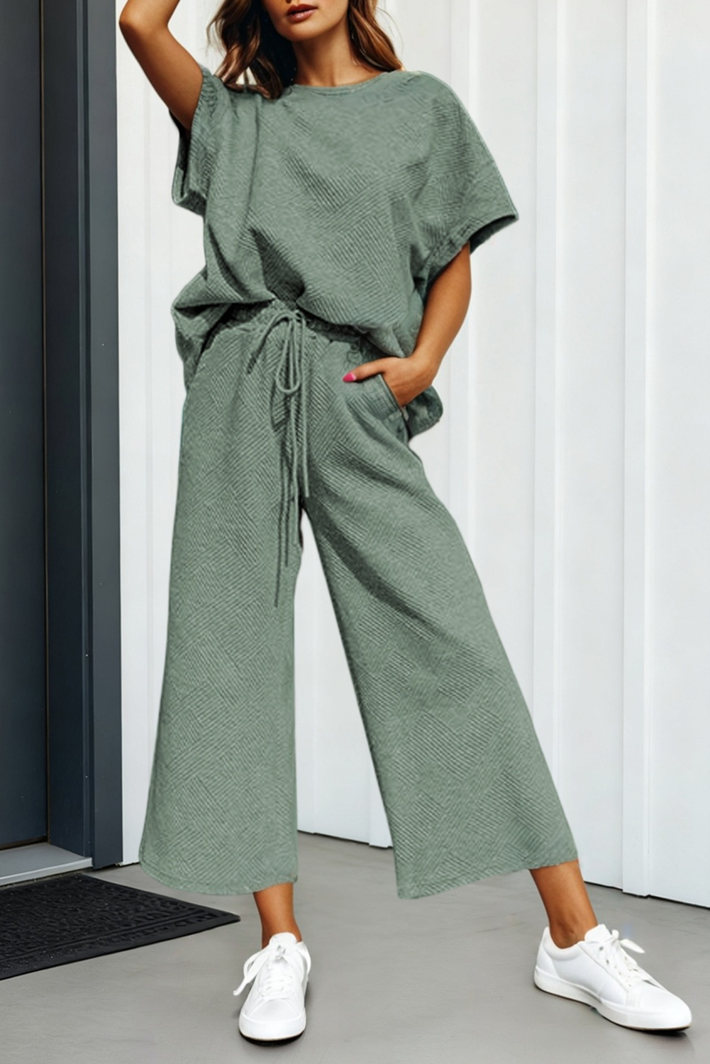 LA Society - LAS Textured Loose T Shirt and Drawstring Pants Set