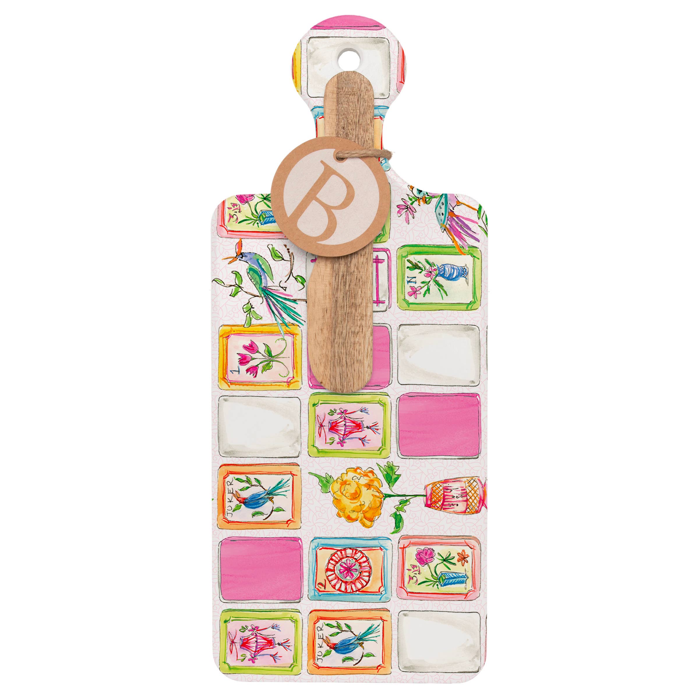 Boston International - Mahjong Pink CUTErie Cheese Board & Wood Spreader Set