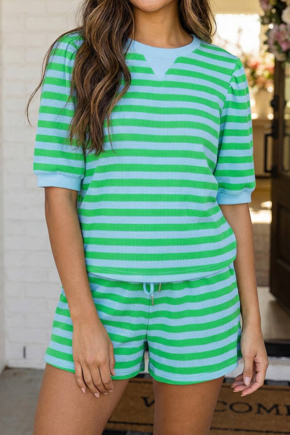 LA Society - LAS Stripe Puff Sleeve T Shirt Matching Shorts Set