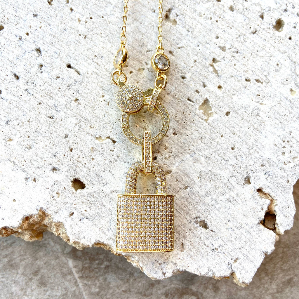 VB&CO Designs Handmade Jewelry - Gold lock necklace Crystal