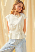 MIOU MUSE - ET6371   ROUND NECK WAIST DETAILED CAP SLEEVE TOP