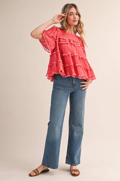 &MERCI - TIERED RUFFLE LACE TRIM SWING TOP Black
