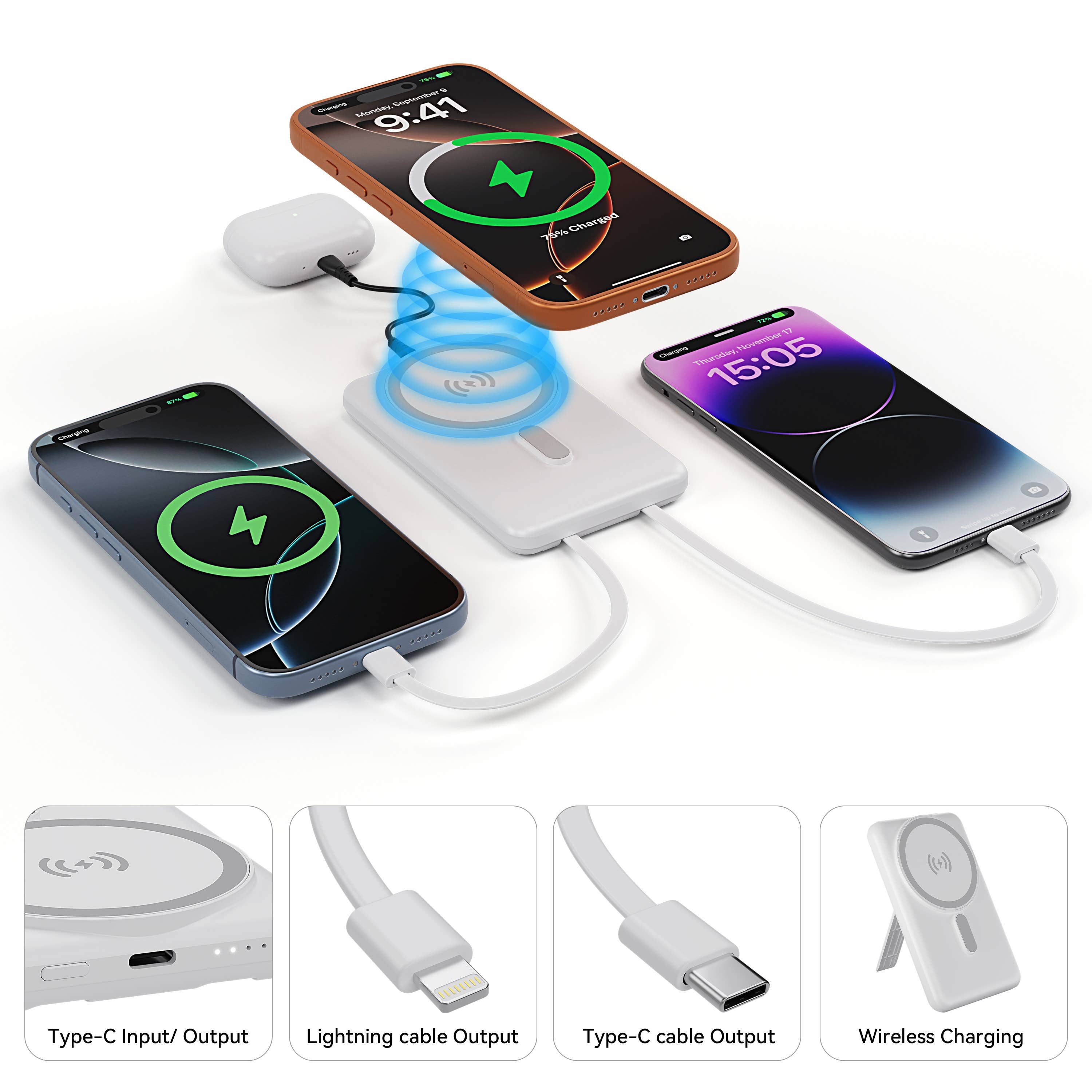 LAX Gadgets - Magnetic 7200mAh Rapid-Charge Power Bank with Built-In Cable