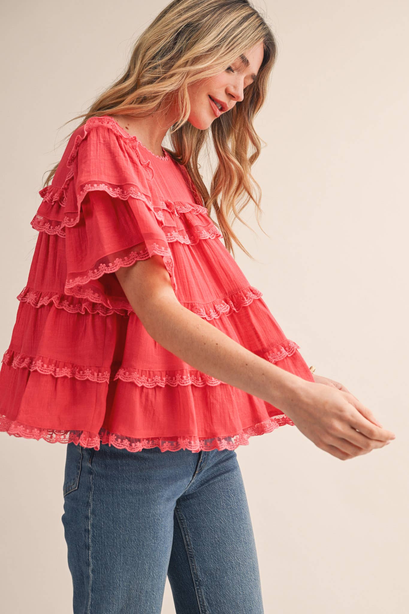 &MERCI - TIERED RUFFLE LACE TRIM SWING TOP Black