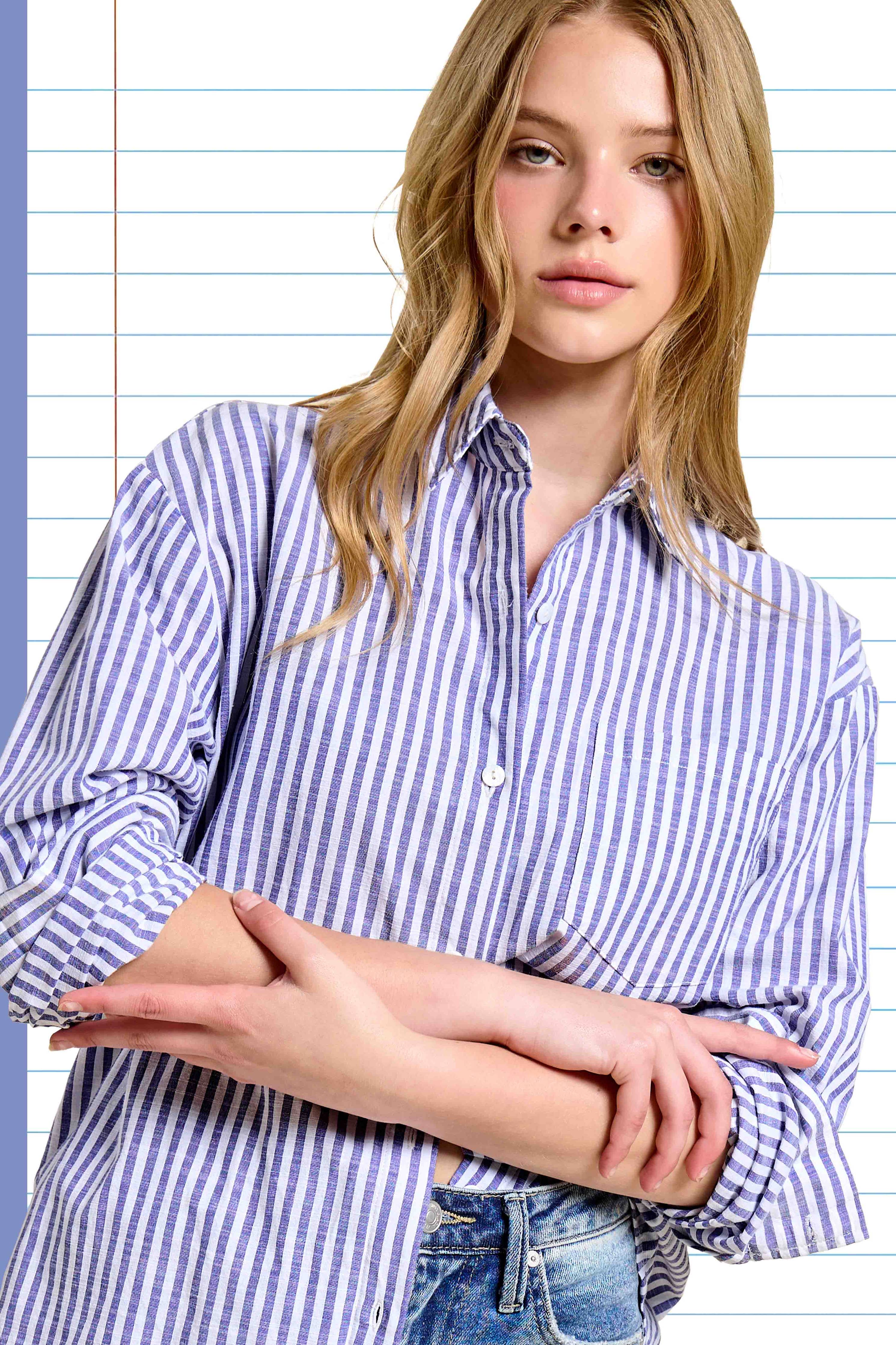 La Miel - SRT7903-Collared Contrast Stripe Button Down Shirt