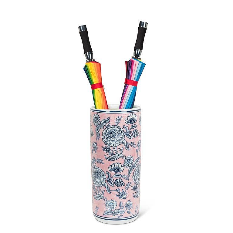 Abbott - Floral Print Umbrella Stand-Pink & Blue-18"H