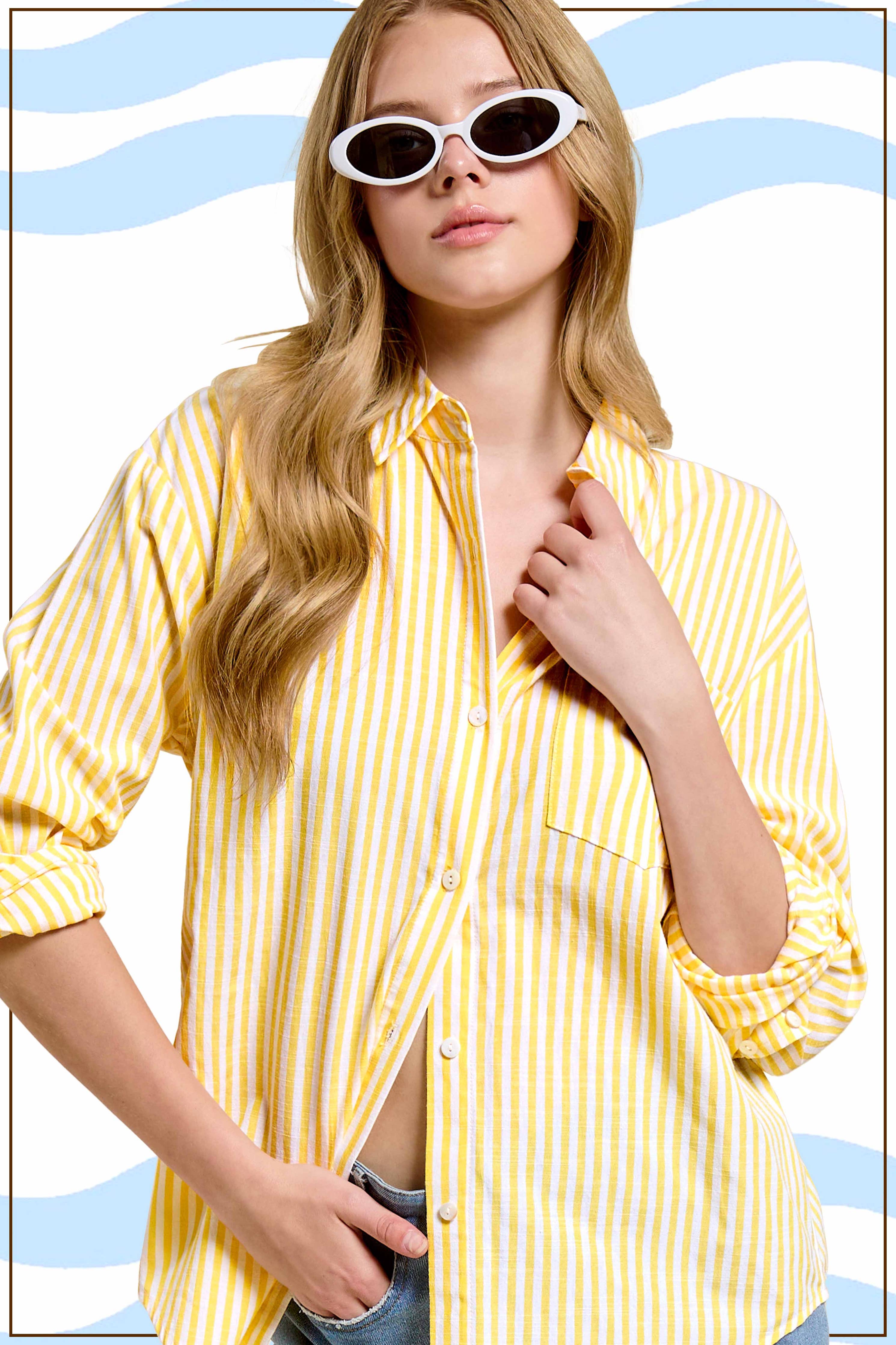 La Miel - SRT7903-Collared Contrast Stripe Button Down Shirt