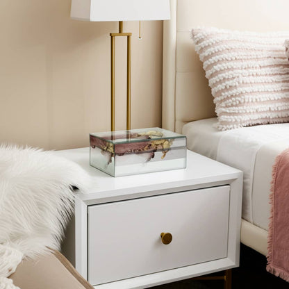 Sagebrook Home - Decorative Box - White/Beige/Gold Wood Abstract, 8x3 in.