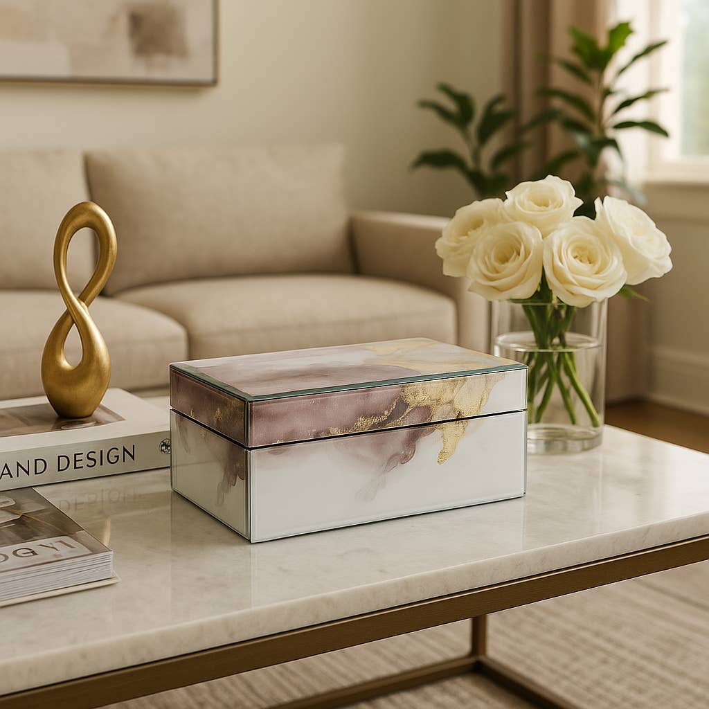Sagebrook Home - Decorative Box - White/Beige/Gold Wood Abstract, 8x3 in.