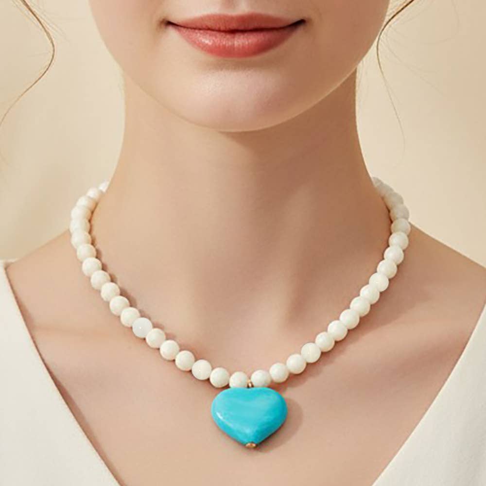 Sensibling Corp. - Chunky Marbled Resin Heart Charm Beaded Necklace