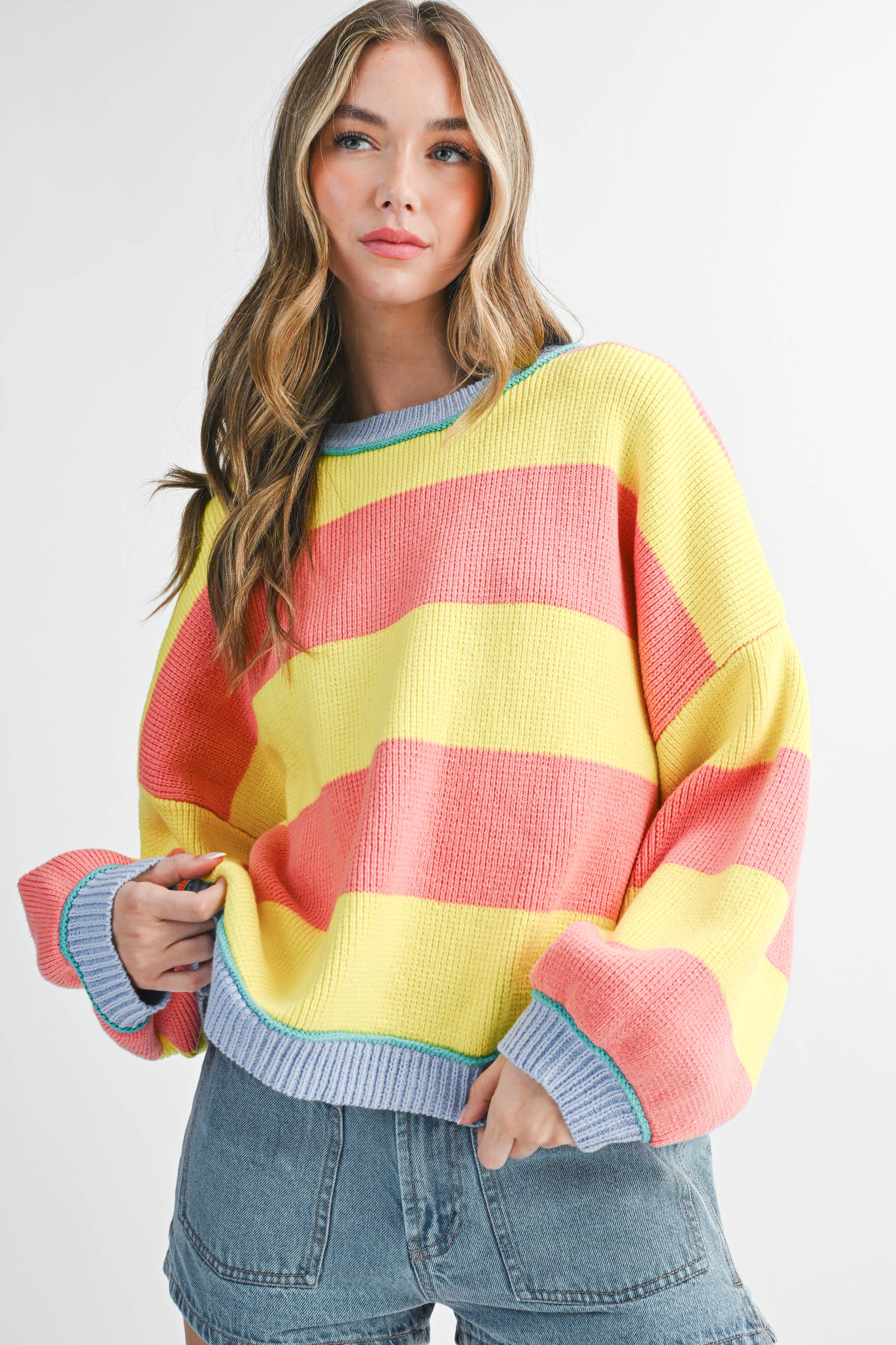 AEMI + CO - 3404GK Striped Knit Crewneck Pullover Sweater