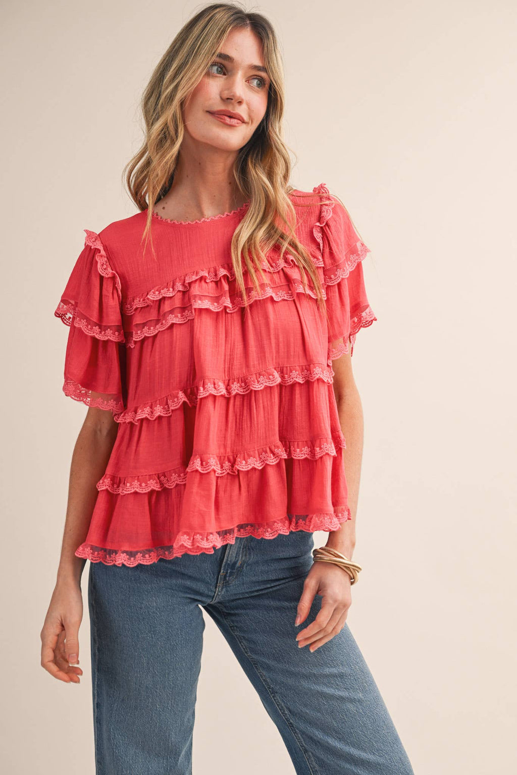 &MERCI - TIERED RUFFLE LACE TRIM SWING TOP Black